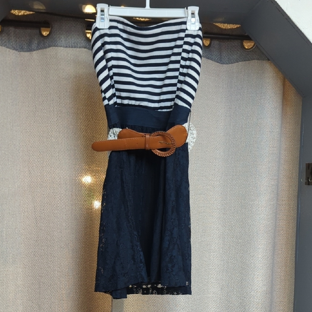 New Look Navy and White Dress with Tan Accent